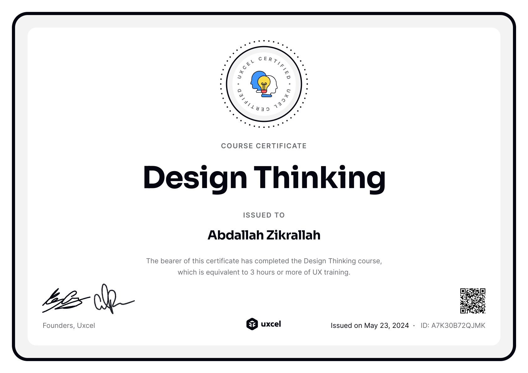 Abdallah Zikrallah's certificate